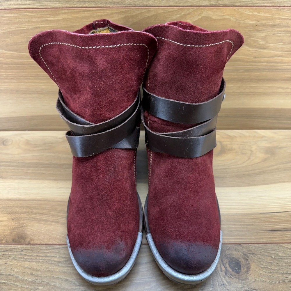 FLY LONDON YOK Chunky Biker Boots 9.5 EU 40 Deep Red Suede Minimalist Modern - Picture 5 of 11